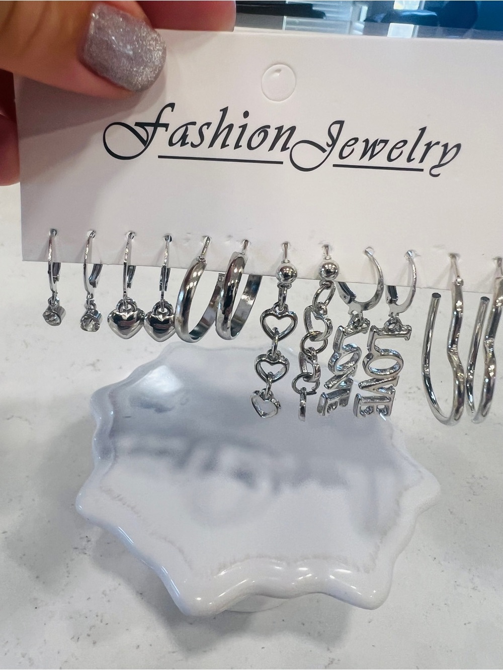 Silver Tone Hoop & Dangle/Drop Earrings Set Rhinestone Heart Love Charms 6 pairs